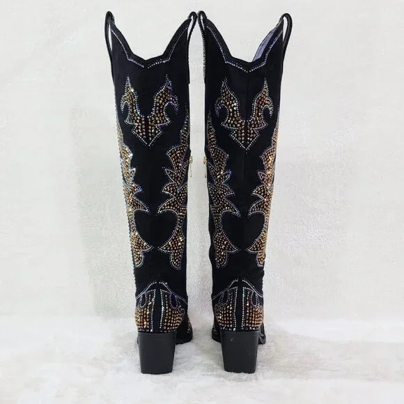 Sparks Country Western Cowgirl Knee Boots Dazzleing Iridescent Rhinestones Black